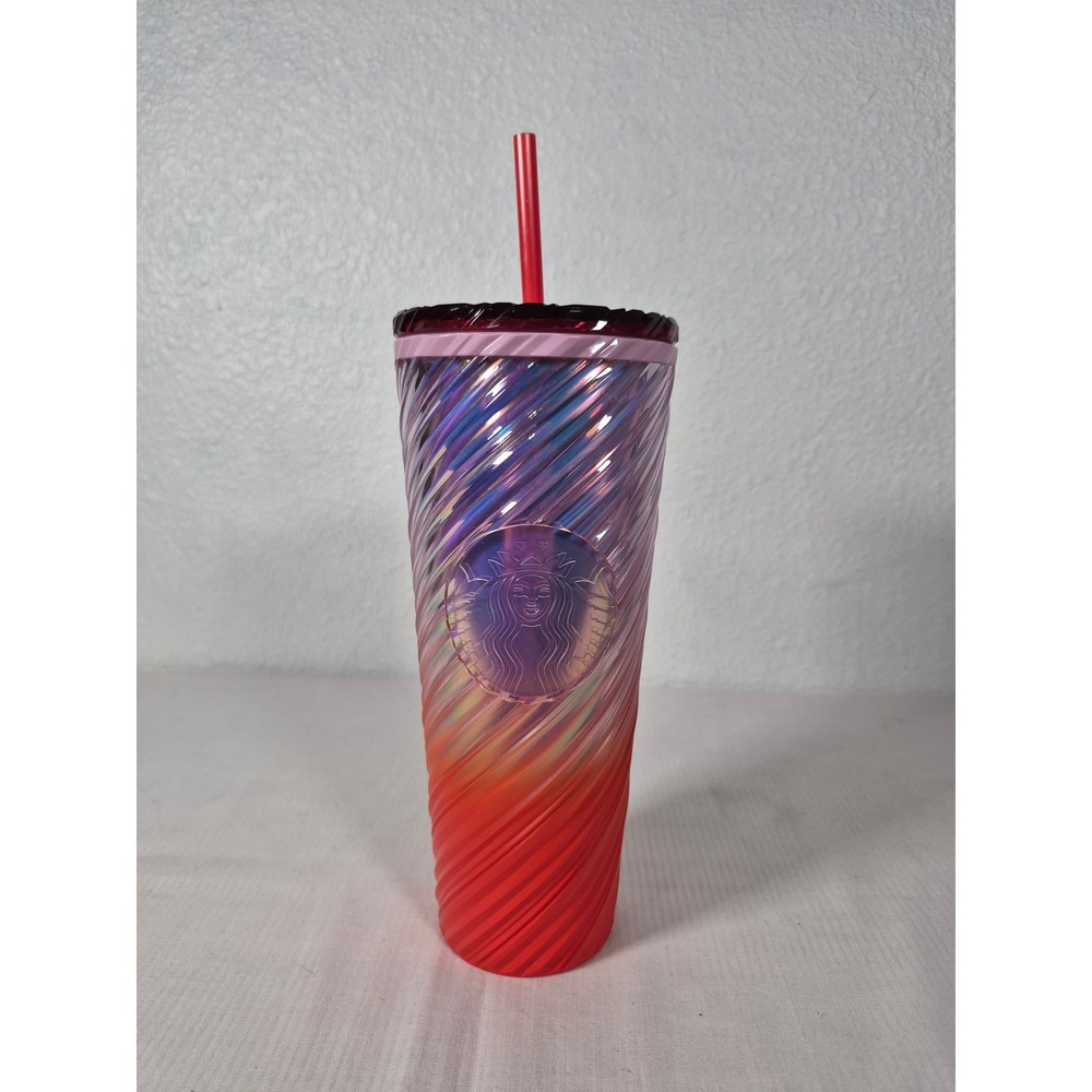 Starbucks 2024 Sunrise Red Pink Iridescent Swirl Venti Tumbler 24oz with Straw